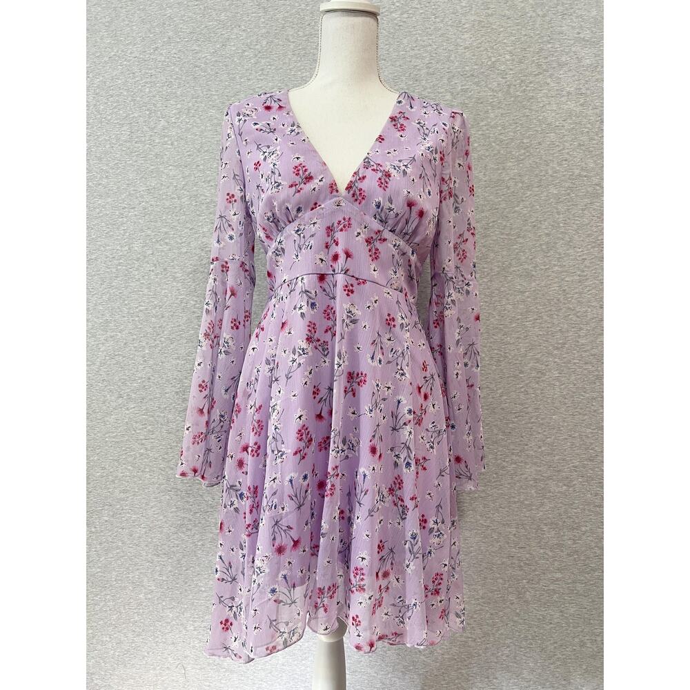 Double‎ Crazy Dress Womens Medium Purple Floral Long Sleeve V Neck Flowy Boho